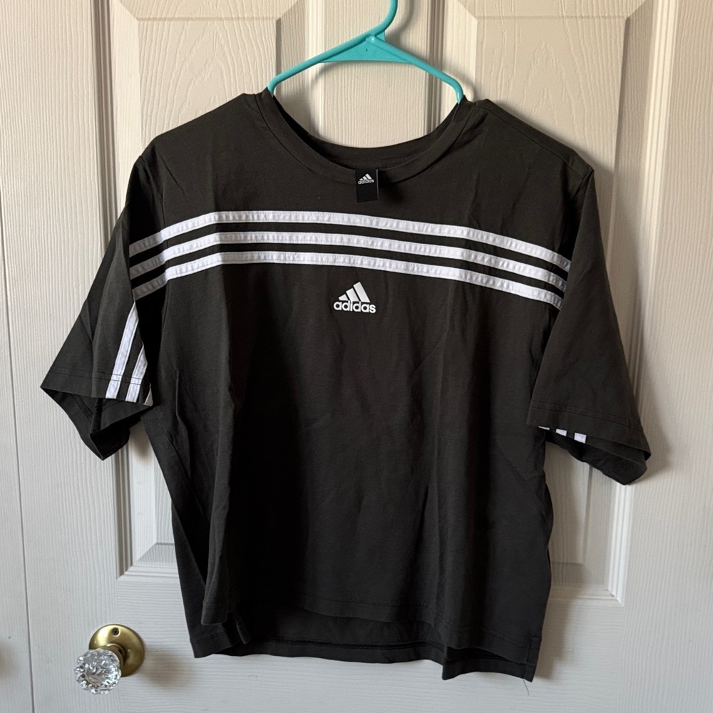 Adidas Must Haves Ringer Gray Tee with White Stripes